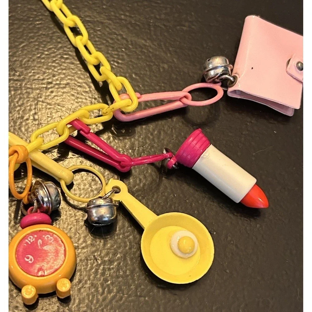 Vintage 80s Plastic Clip On Bell Charm Necklace‎ 10 Charms Yellow Chain
